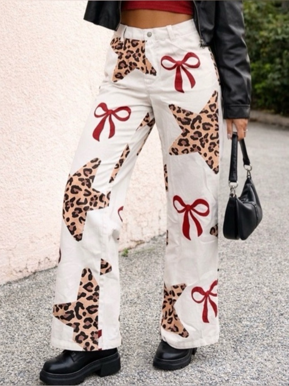 Women’s Wide Leg Printed Patchwork Pants - White with Leopard & Red Bow